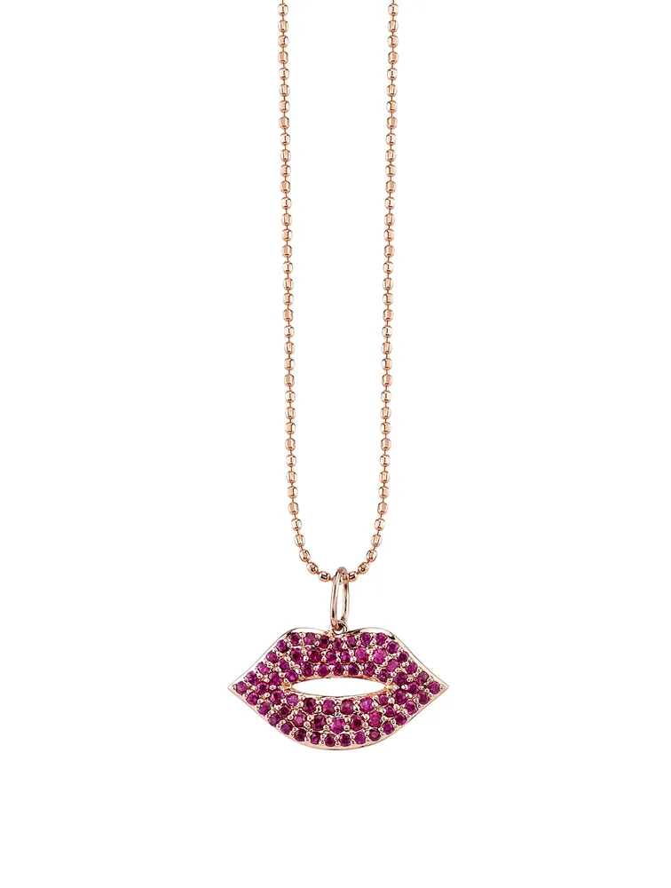 Medium 14K Rose Gold Lips Charm Necklace With Pave Rubies