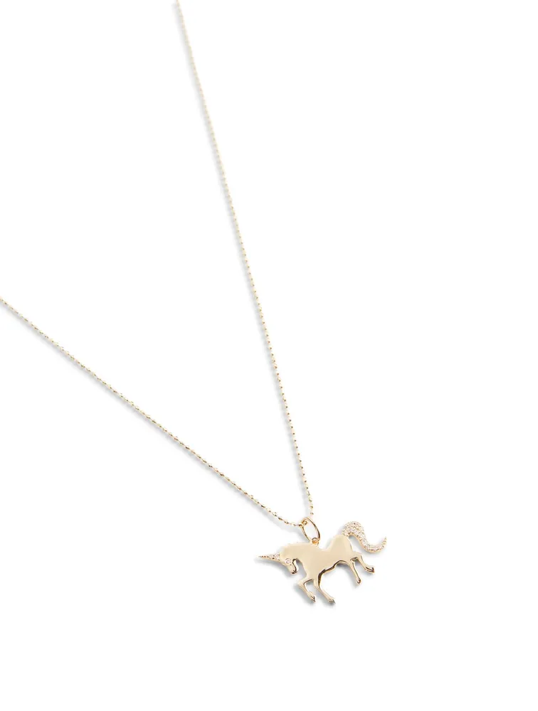 14K Yellow Gold Unicorn Charm Necklace With Diamonds