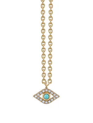 Extra Large 14K Yellow Gold Evil Eye Charm Necklace With Turquoise And Diamonds