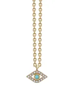 Extra Large 14K Yellow Gold Evil Eye Charm Necklace With Turquoise And Diamonds