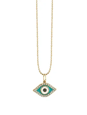 Small Enamel Evil Eye 14K Yellow Gold Charm Necklace With Turquoise And Diamonds