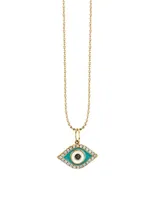 Small Enamel Evil Eye 14K Yellow Gold Charm Necklace With Turquoise And Diamonds