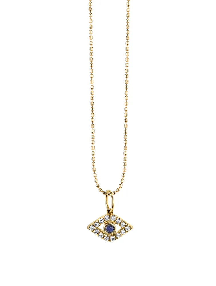 Large 14K Yellow Gold Evil Eye Charm Necklace With Diamonds And Sapphires