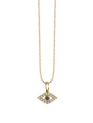 Large 14K Yellow Gold Evil Eye Charm Necklace With Diamonds And Sapphires