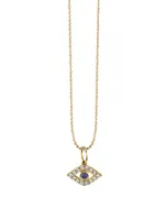 Large 14K Yellow Gold Evil Eye Charm Necklace With Diamonds And Sapphires