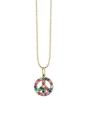 Small 14K Yellow Gold Peace Sign Charm Necklace With Sapphires