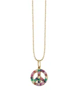 Small 14K Yellow Gold Peace Sign Charm Necklace With Sapphires