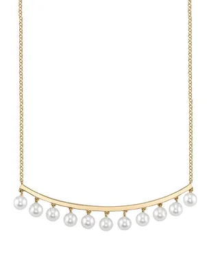 14K Yellow Gold Drop Bar Necklace With Pearls