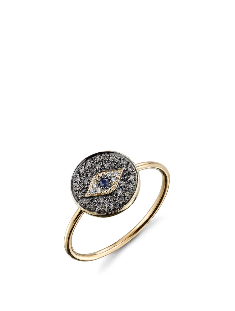 Small 14K Gold Evil Eye Medallion Ring With Diamonds And Sapphire
