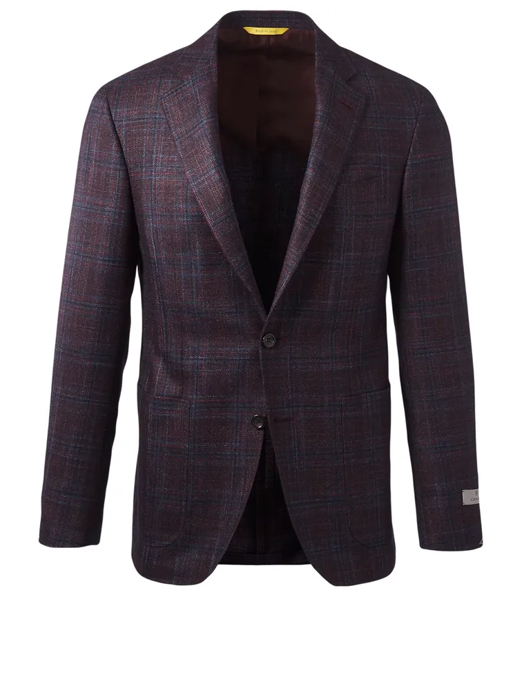 Wool Blend Single-Breasted Blazer Checkered Print