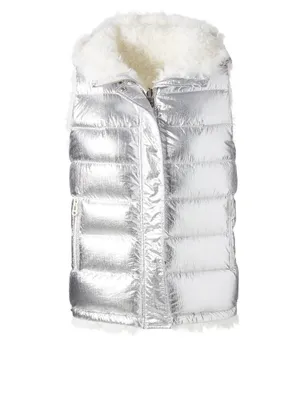 Reversible Metallic Puffer Vest With Fur