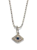 Tiny 14K White Gold Evil Eye Charm Necklace With Sapphires And Diamonds