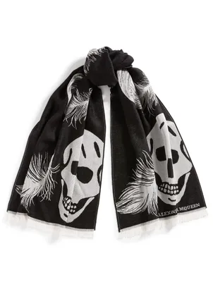 Wool Scarf In Skull Feather Print