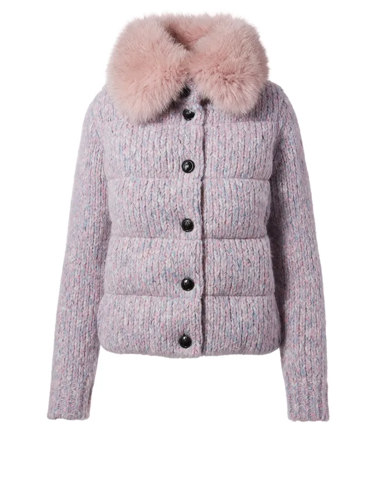 Cable Knit Down Puffer Coat With Fur Collar