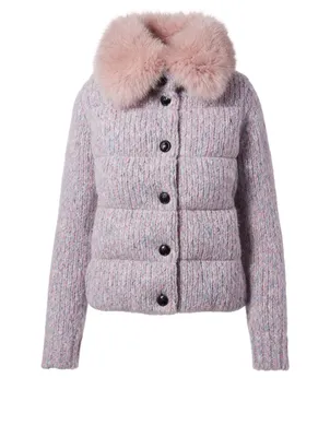 Cable Knit Down Puffer Coat With Fur Collar