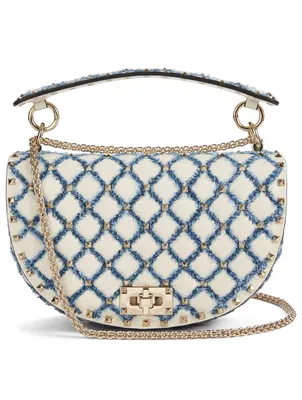 Rockstud Spike Leather And Denim Saddle Bag