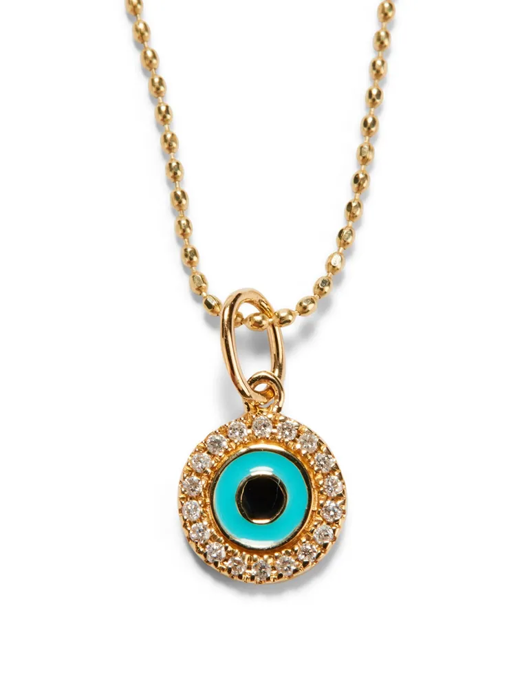 14K Gold Enamel Evil Eye Charm Necklace With Diamonds