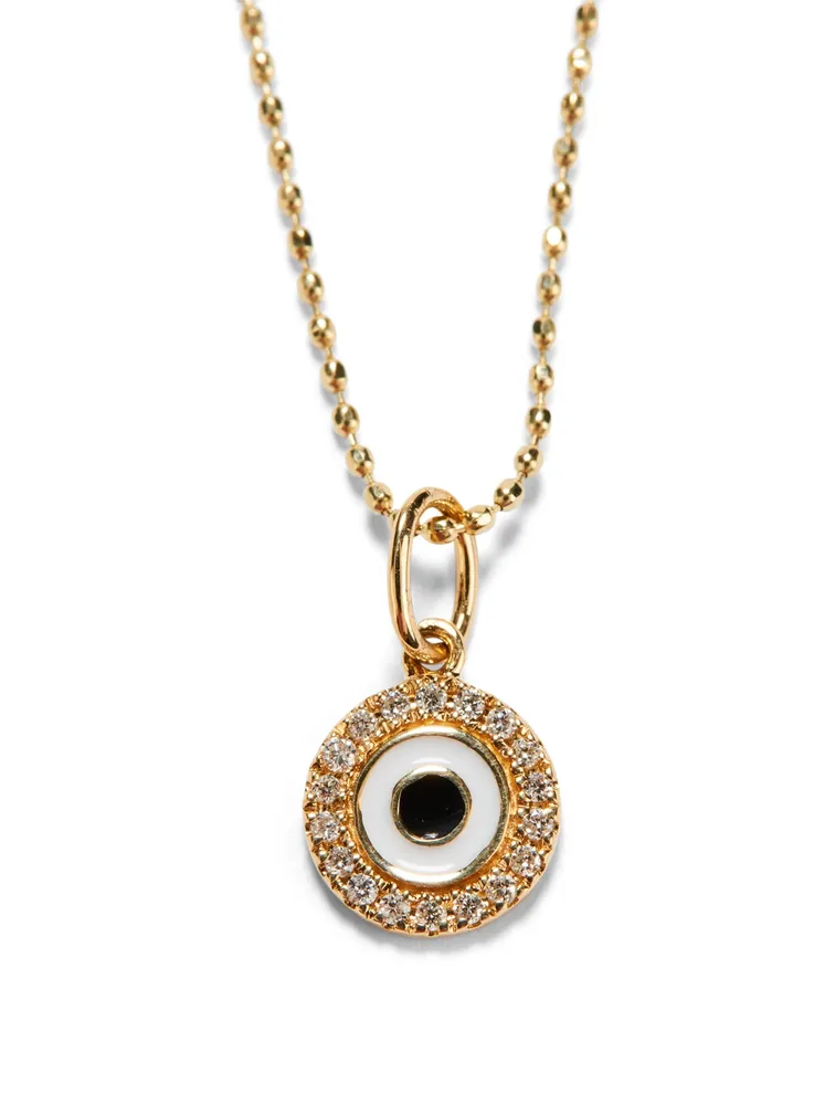 14K Gold Enamel Evil Eye Disc Charm Necklace With Diamonds