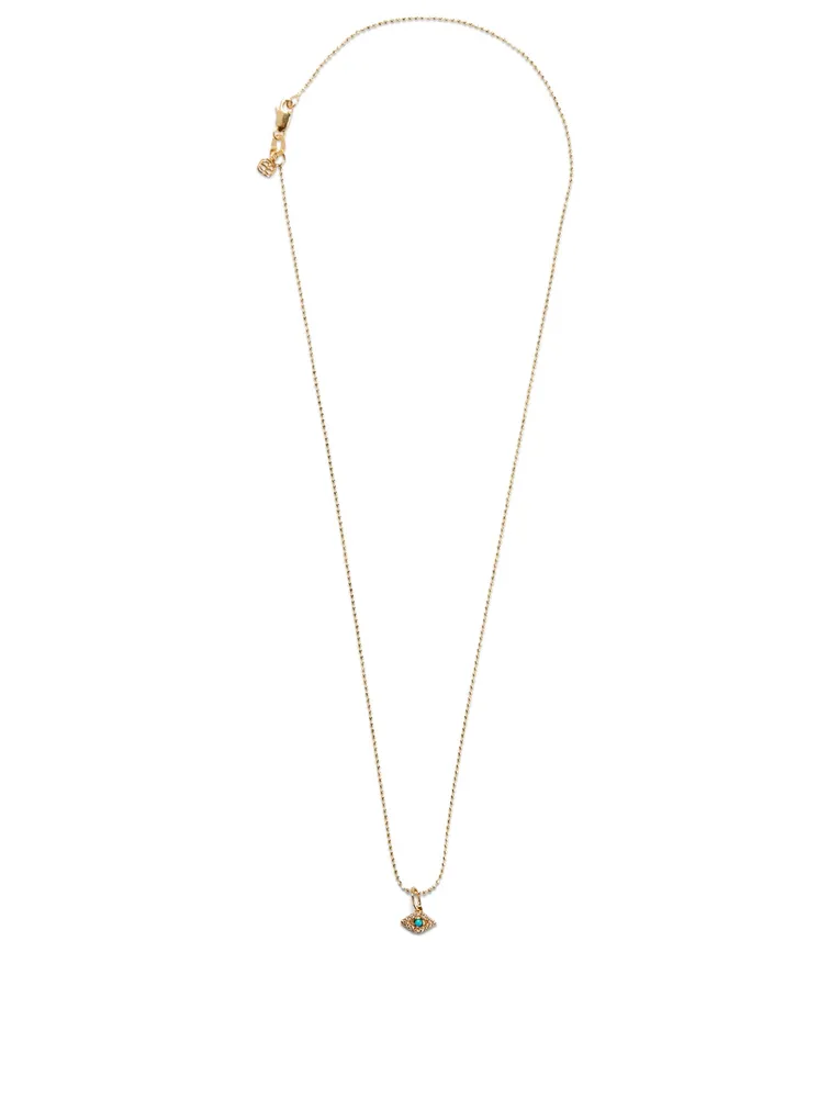 Tiny 14K Gold Bezel Evil Eye Charm Necklace With Turquoise and Diamonds