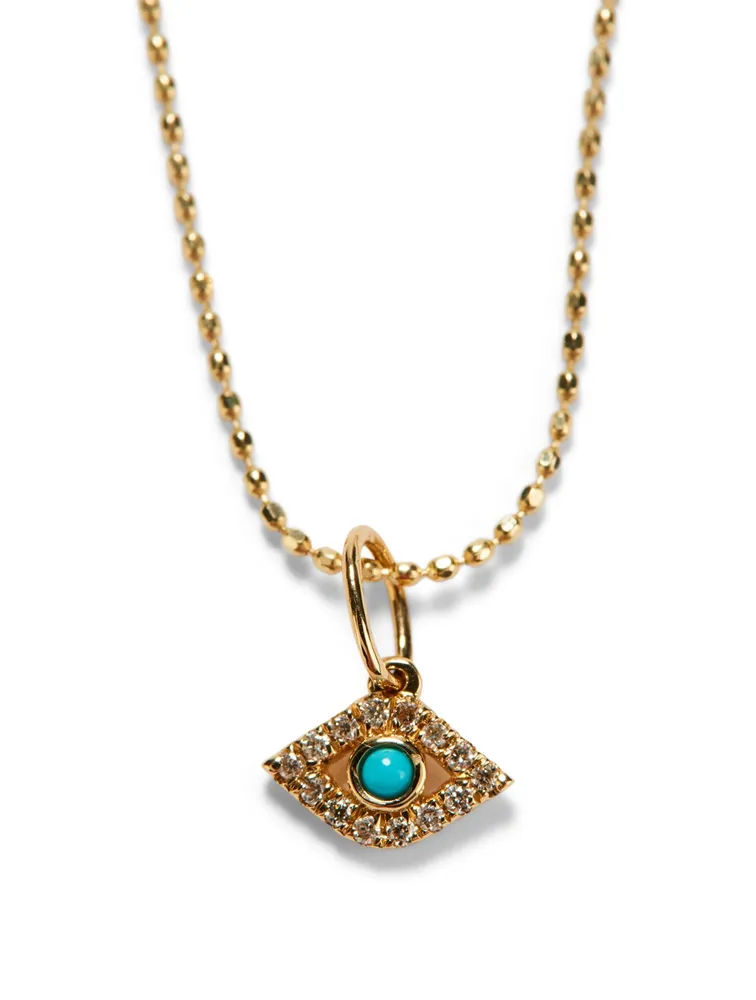 Tiny 14K Gold Bezel Evil Eye Charm Necklace With Turquoise and Diamonds