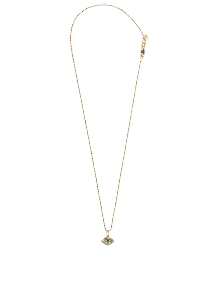 Large 14K Gold Bezel Evil Eye Charm Necklace With Emerald and Diamonds