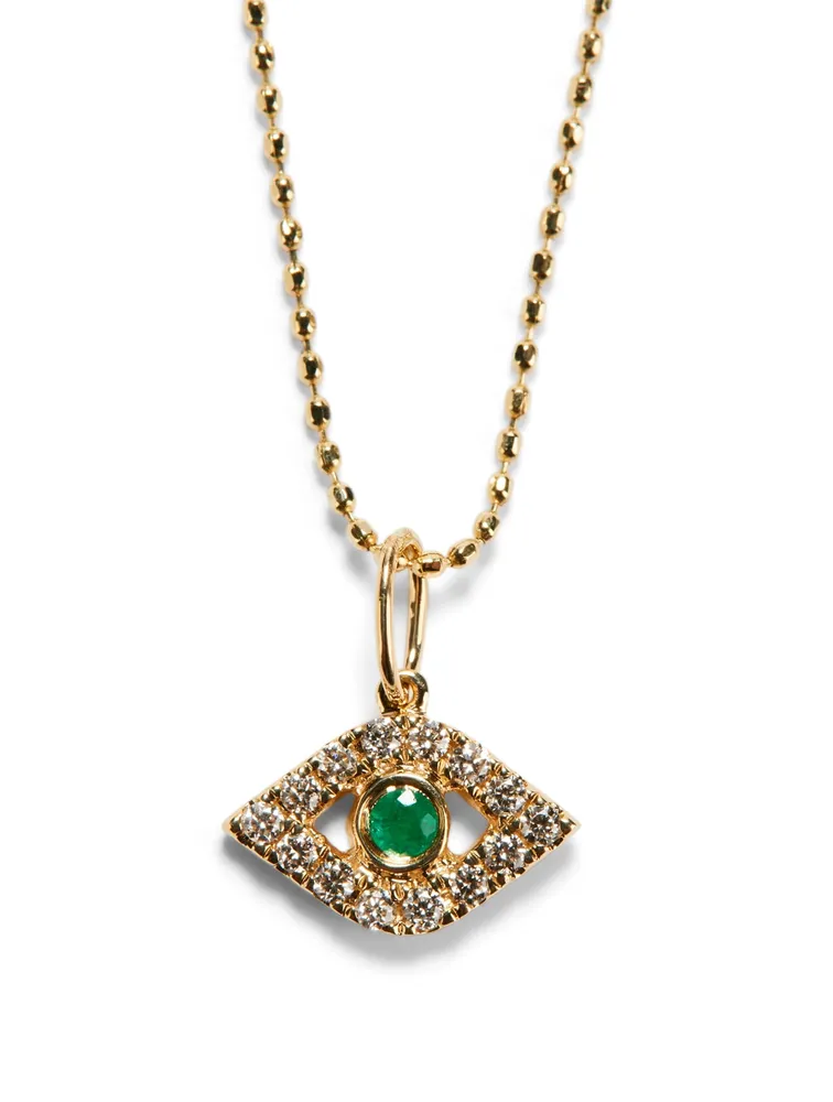 Large 14K Gold Bezel Evil Eye Charm Necklace With Emerald and Diamonds