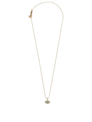 Large 14K Gold Bezel Evil Eye Charm Necklace With Turquoise And Diamonds