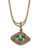 Large 14K Gold Bezel Evil Eye Charm Necklace With Turquoise And Diamonds