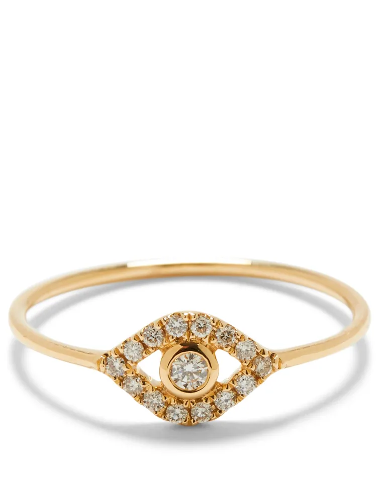 Large 14K Gold Bezel Evil Eye Ring With Diamonds