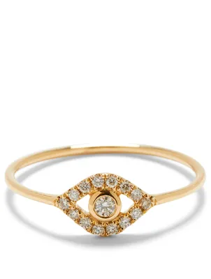 Large 14K Gold Bezel Evil Eye Ring With Diamonds