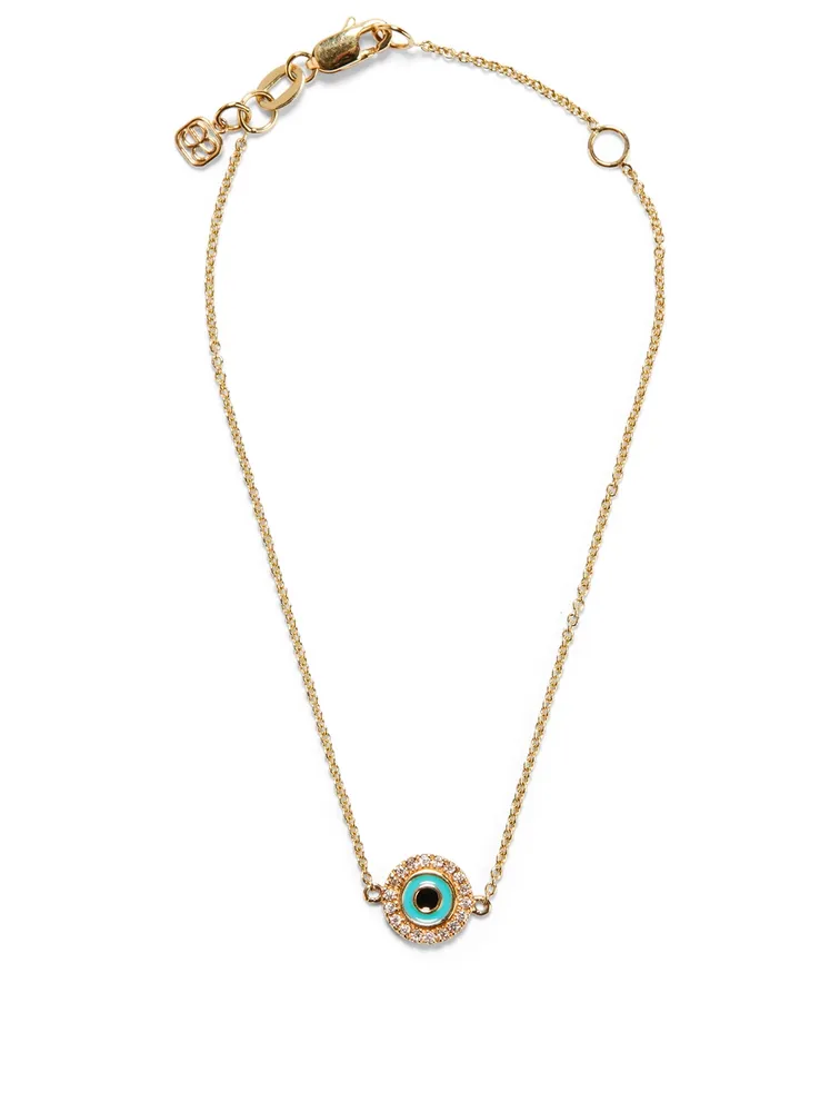 Small 14K Gold Pave Enamel Evil Eye Bracelet With Diamonds