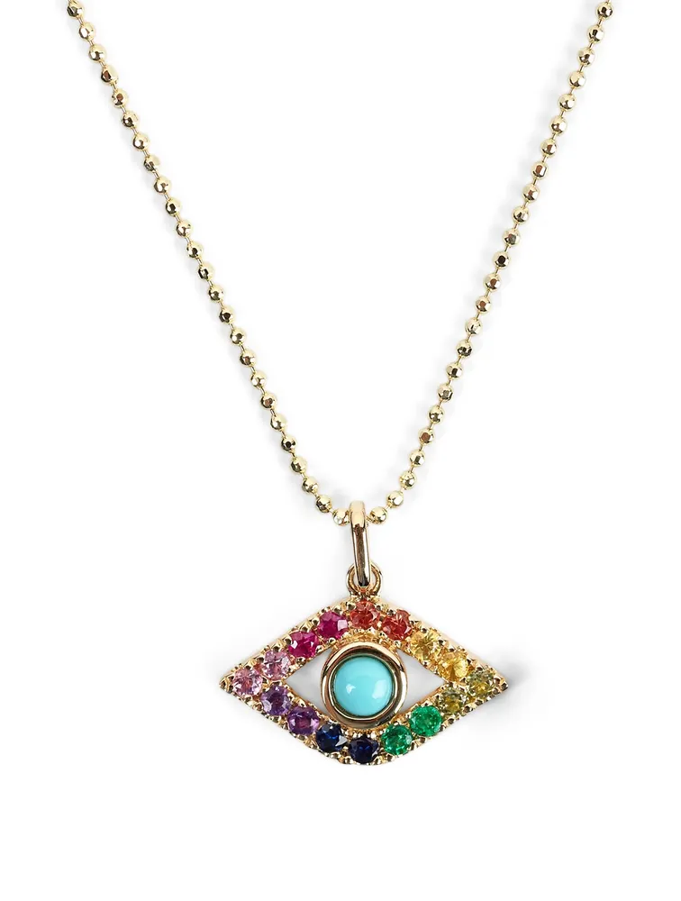 Extra Large 14K Gold Bezel Evil Eye Charm Necklace With Turquoise And Multicolour Sapphires