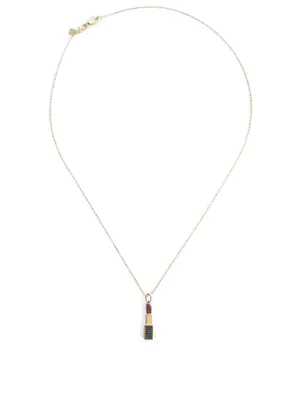 14K Rose Gold Lipstick Charm Necklace With Black Diamonds and Rubies