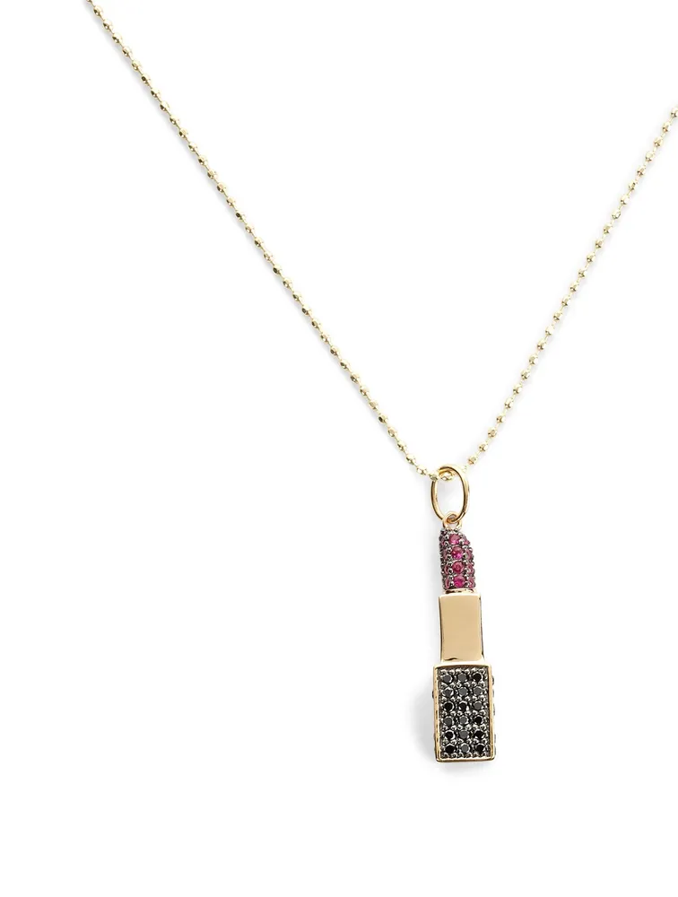 14K Rose Gold Lipstick Charm Necklace With Black Diamonds and Rubies