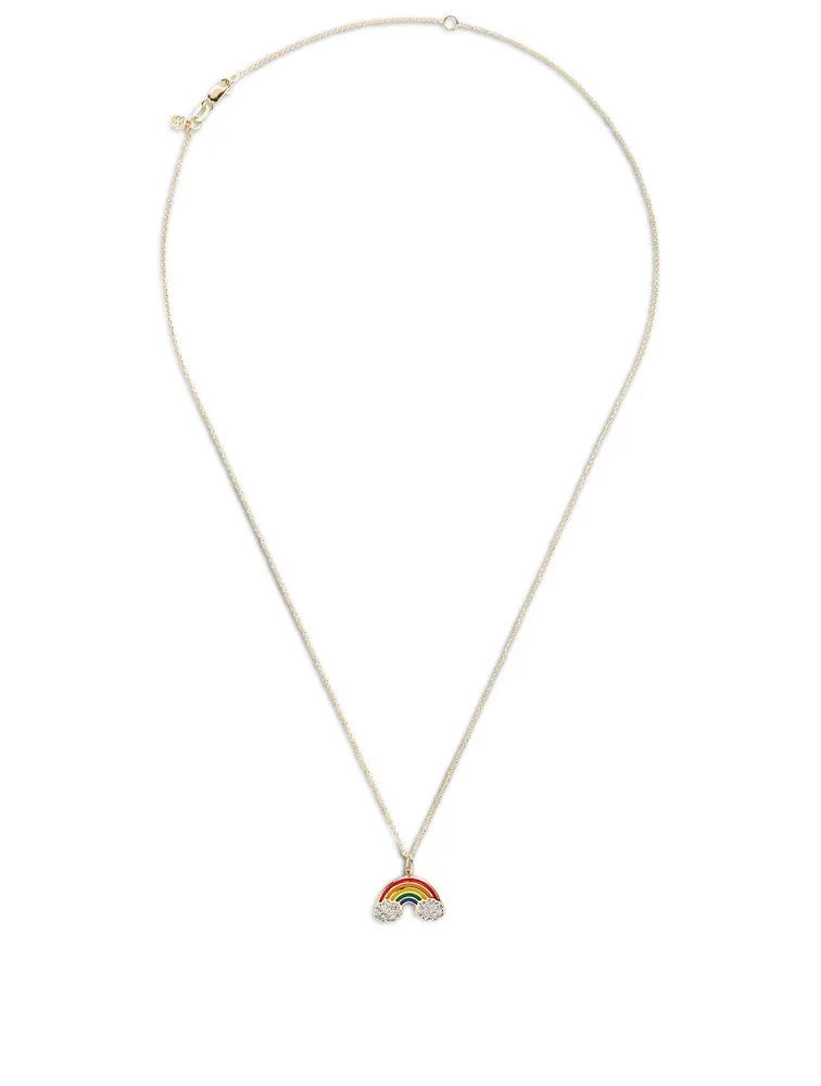 14K Gold Enamel Rainbow Charm Necklace With Diamonds