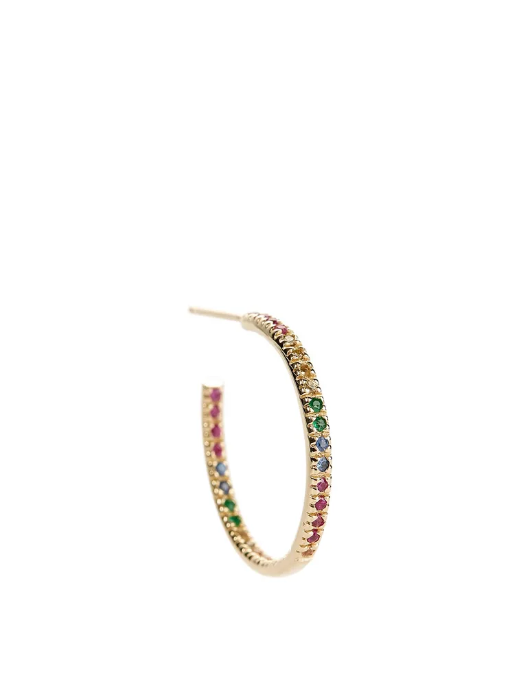 Medium 14K Gold Rainbow Hoop Earrings With Multicolour Stones