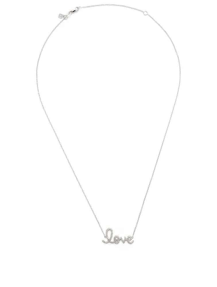 Medium 14K White Gold Love Script Necklace With Diamonds