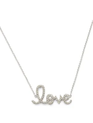 Medium 14K White Gold Love Script Necklace With Diamonds