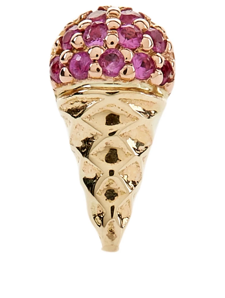 Small 14K Gold Ice Cream Cone Stud Earring With Pink Sapphires