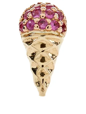 Small 14K Gold Ice Cream Cone Stud Earring With Pink Sapphires