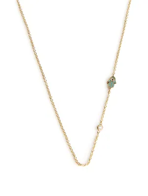 Mini 14K Gold Hamsa Necklace With Diamond Bezel