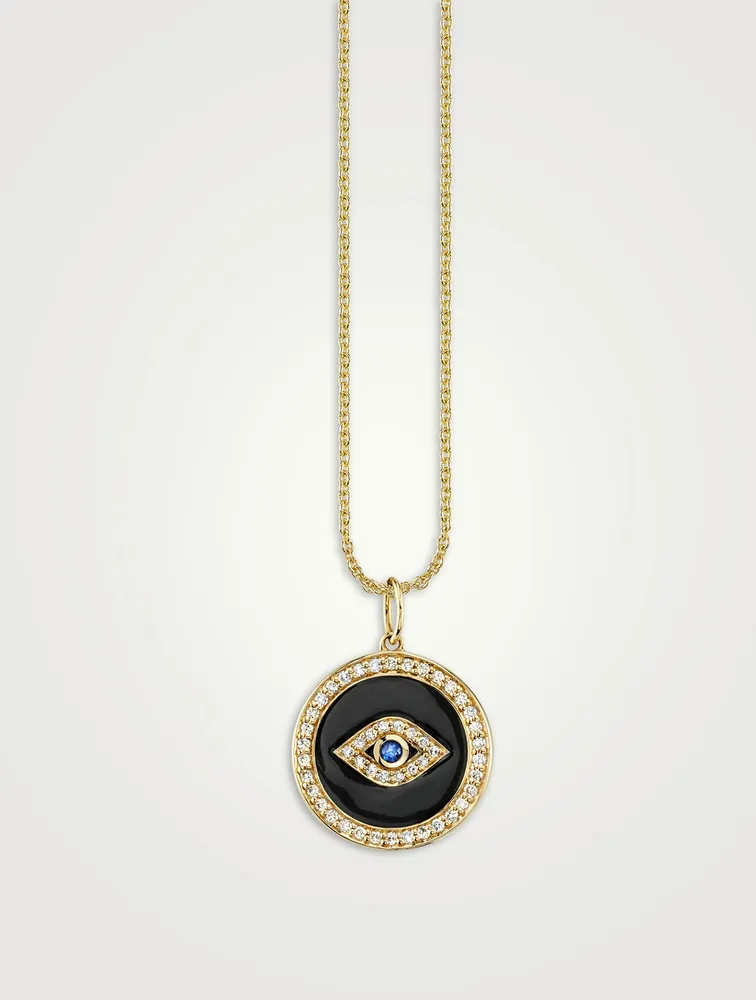 14K Gold Bezel Evil Eye Enamel Medallion Pendant Necklace With Pavé Diamonds