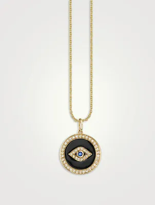 14K Gold Bezel Evil Eye Enamel Medallion Pendant Necklace With Pavé Diamonds