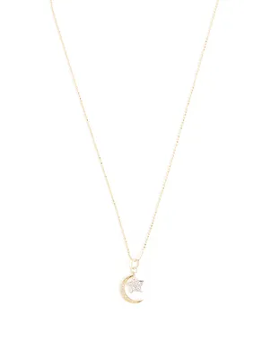 14K Gold Moon And Star Pendant Necklace With Diamonds