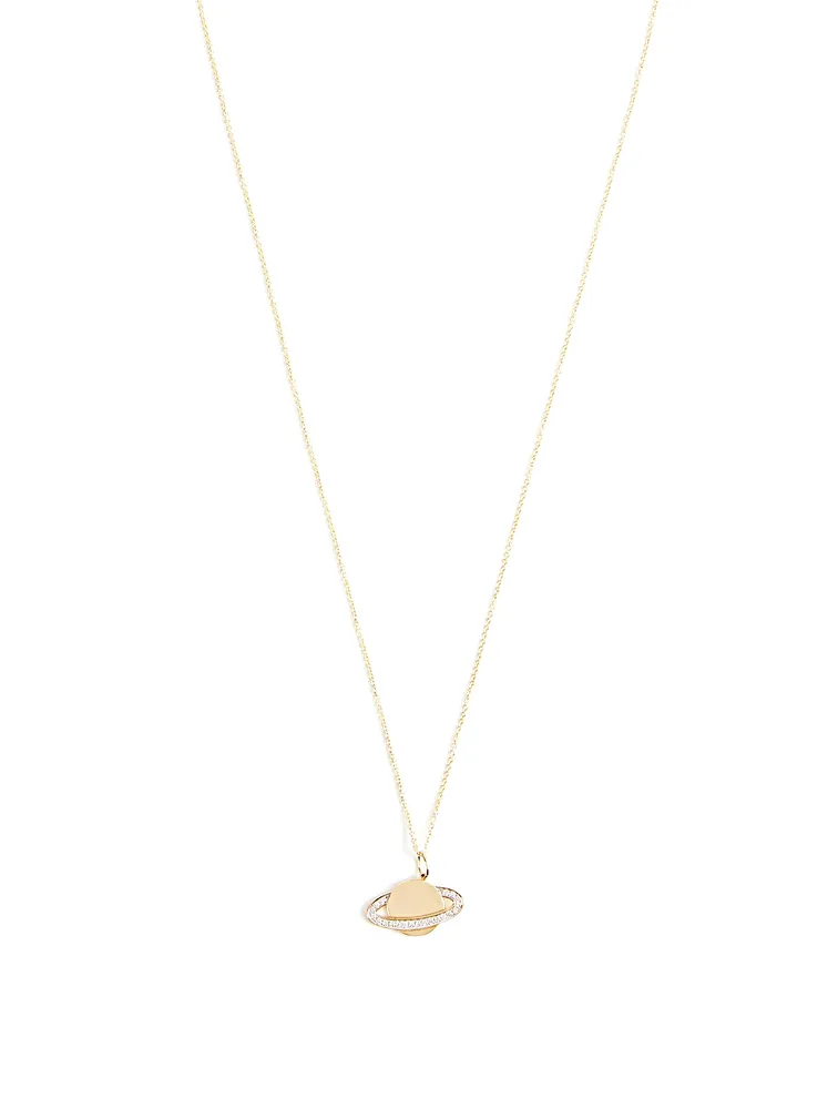 14K Gold Saturn Pendant Necklace With Diamonds