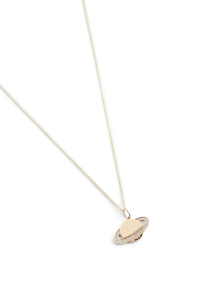 14K Gold Saturn Pendant Necklace With Diamonds