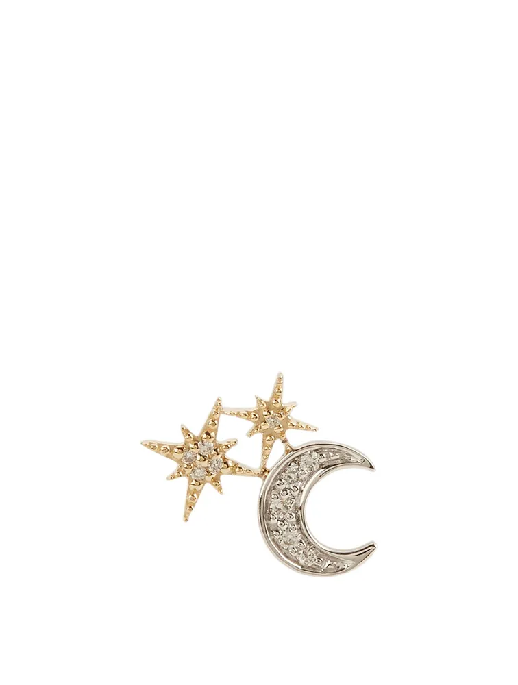 14K Gold Moon Right Stud Earring With Diamonds