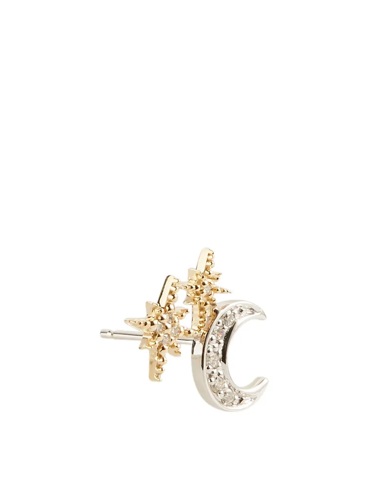 14K Gold Moon Right Stud Earring With Diamonds