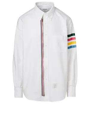 Zip Front Button-Down Shirt With Four Bar Stripe
