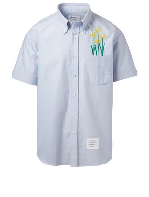 Short Sleeve Button-Down Shirt With Embroidered Flower